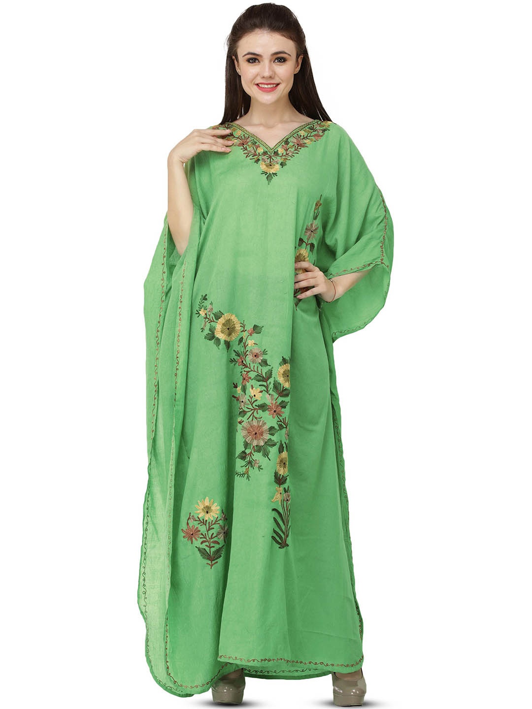

Exotic India Green Crushed Kashmiri Kaftan with Aari Embroidered Multicolored Flowers