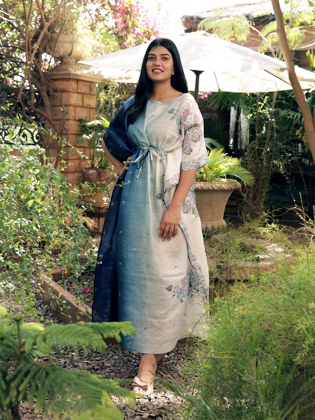 

Exotic India Floral Printed Round Neck Kaftan Dress, White