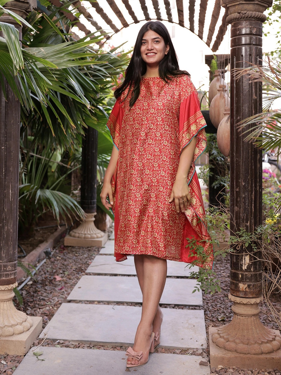 

Exotic India Printed Round Neck Kaftan Dress, Red