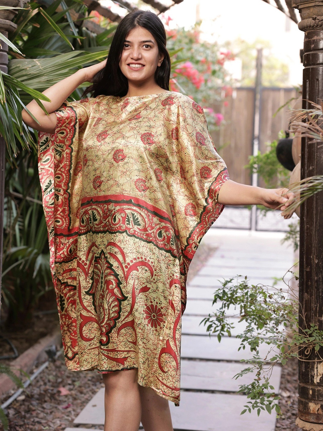 

Exotic India Vintage Pure Silk Short Box Kaftan, Gold