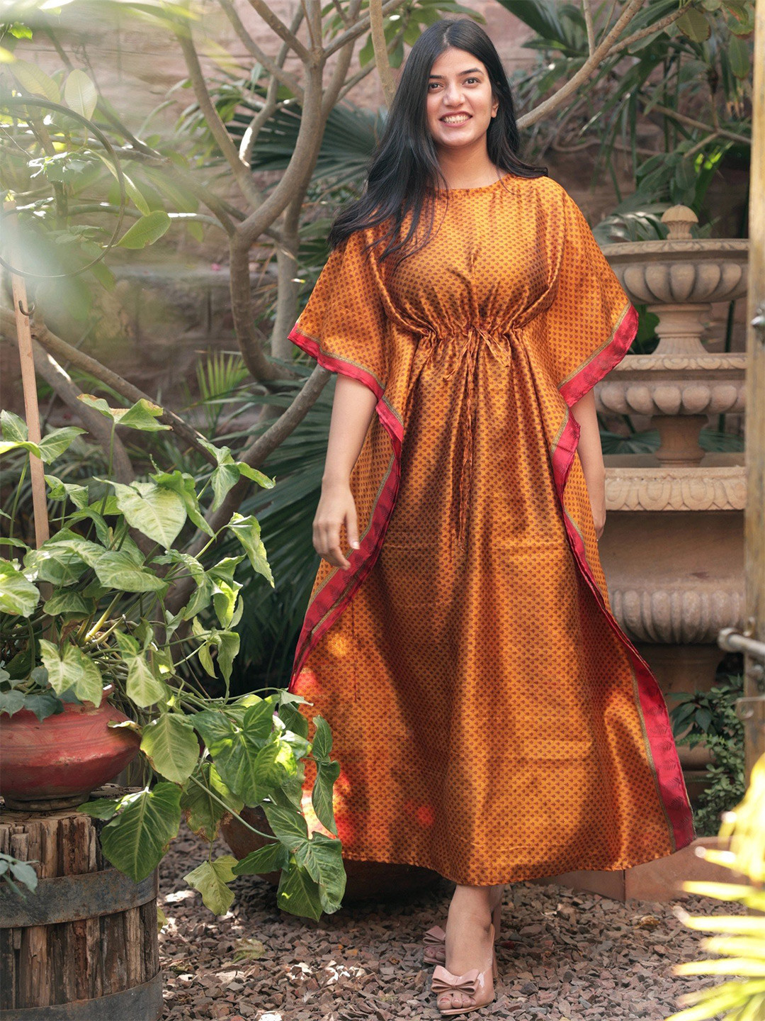 

Exotic India Dark Cheddar Vintage Pure Silk Long Kaftan with Dori, Gold