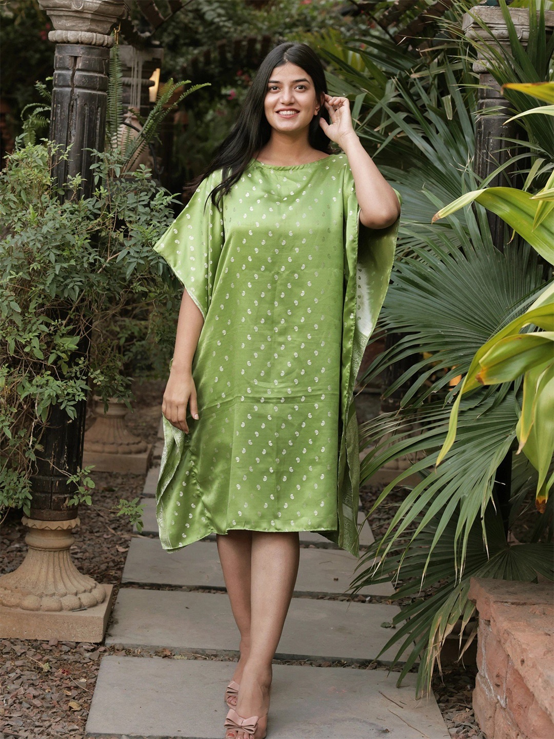 

Exotic India Ethnic Motifs Printed Pure Silk Short Box Kaftan Dress, Green