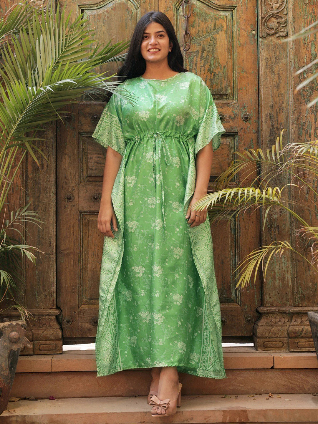 

Exotic India Ethnic Motifs Printed Pure Silk Vintage Kaftan Maxi Dress with Dori, Green