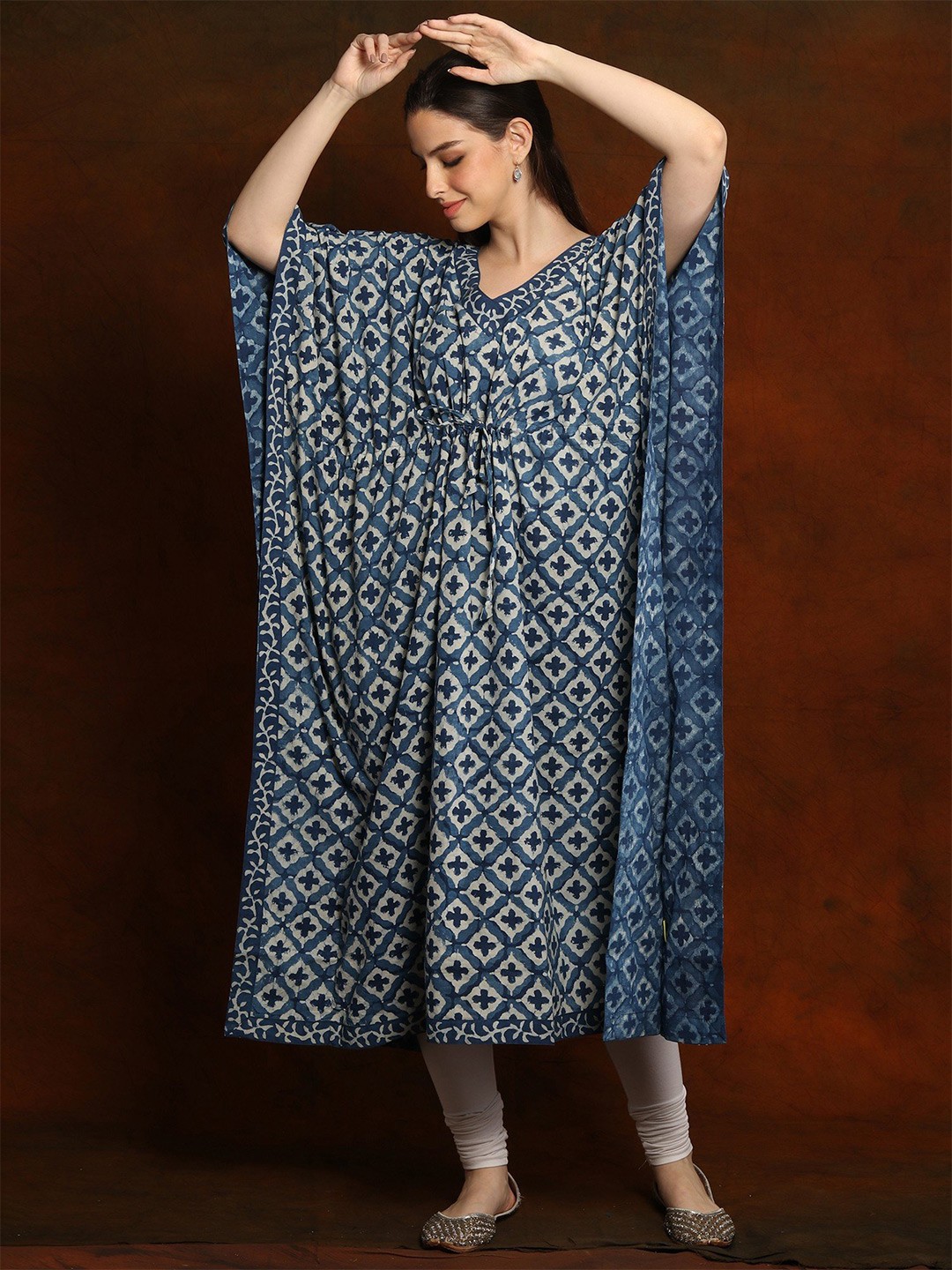 

Exotic India Pure Cotton Printed Galaxy Blue Short Kaftan