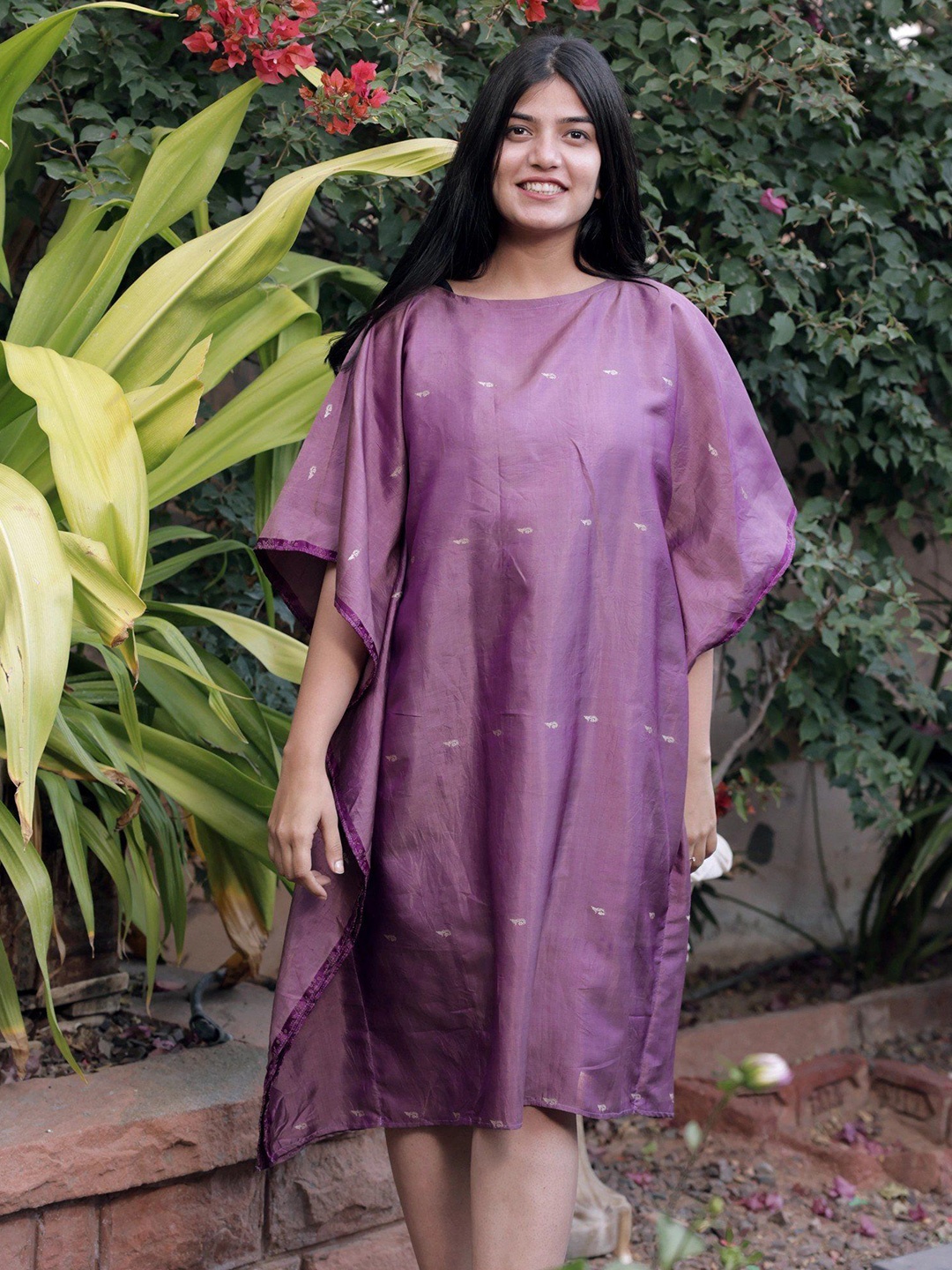 

Exotic India Floral Printed Round Neck Kaftan Dress, Lavender