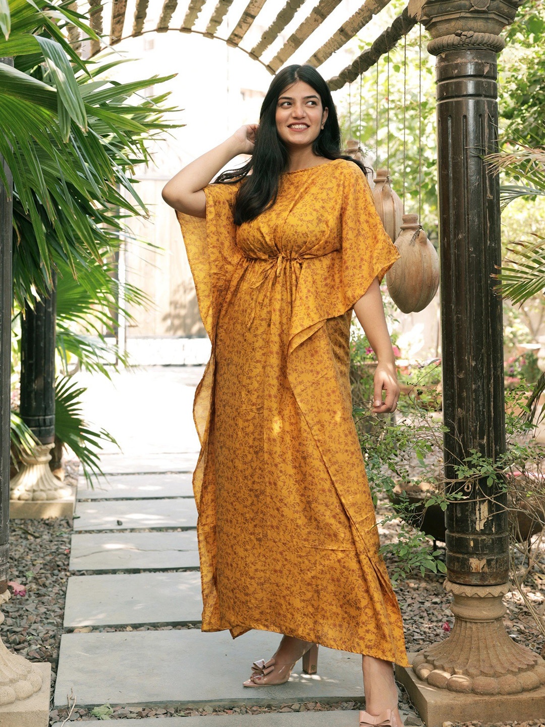 

Exotic India Sunflower Vintage Pure Silk Long Kaftan with Dori, Yellow