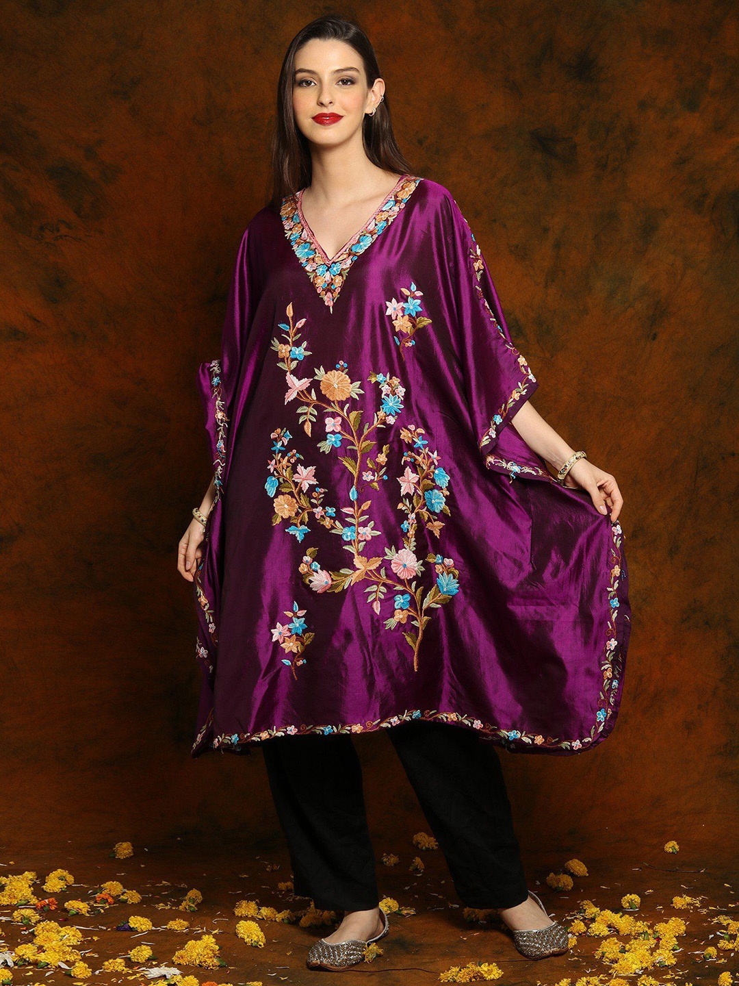 

Exotic India Violet Self Shine Silk Short Kaftan with Floral Aari Embroidery