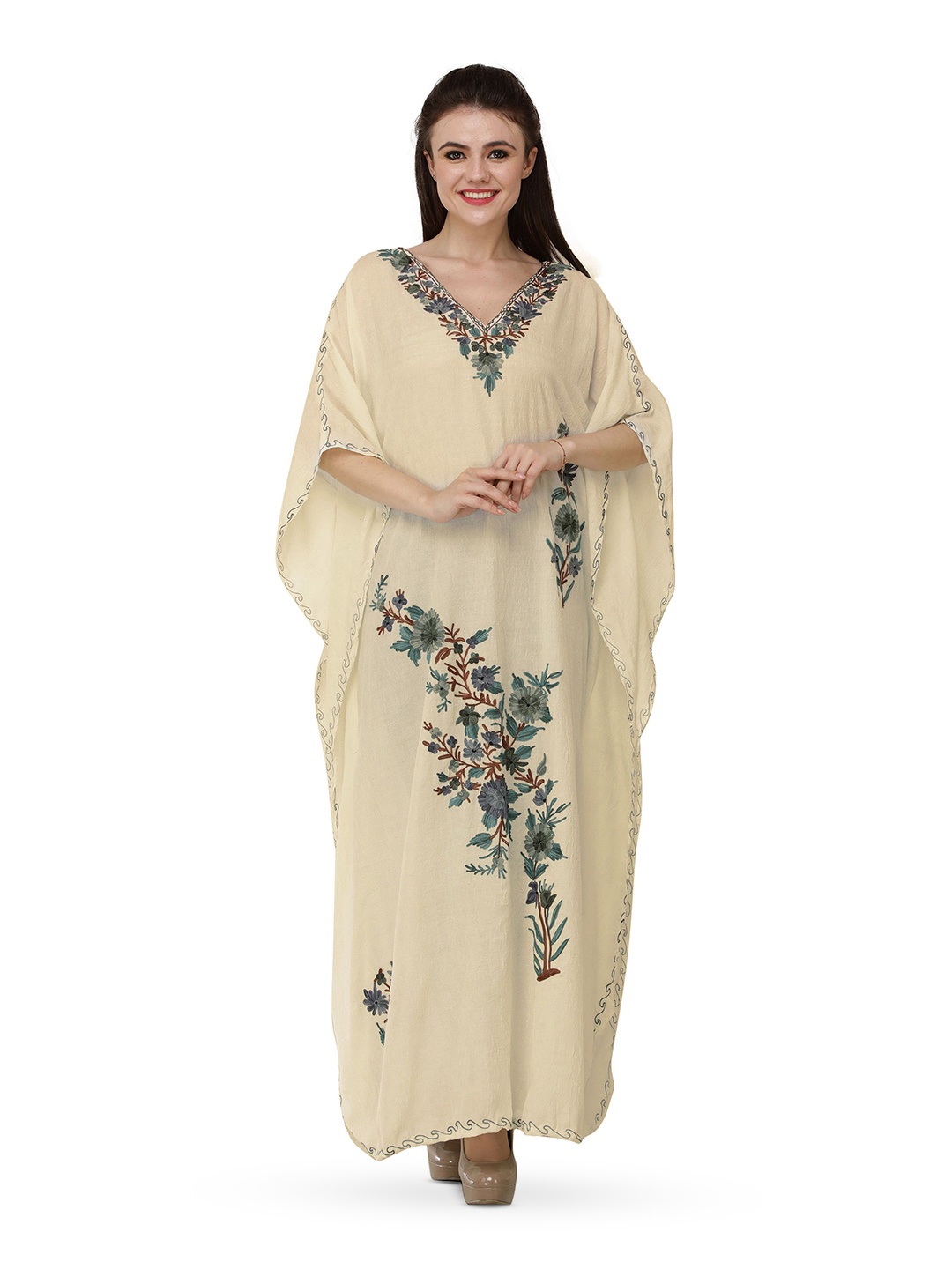 

Exotic India Gray Sand Crushed Kashmiri Kaftan with Aari Embroidered Multicolored Flowers, Grey