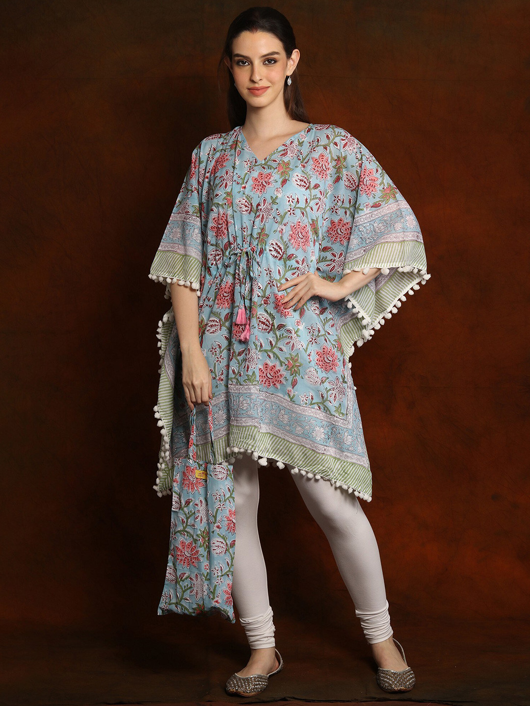 

Exotic India Floral Print Cotton Kaftan Dress, Blue