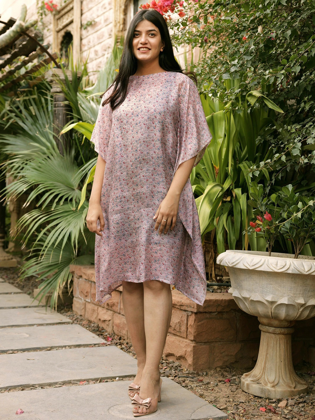 

Exotic India Floral Printed Cowl Neck Kimono Sleeves Silk Dress, Pink