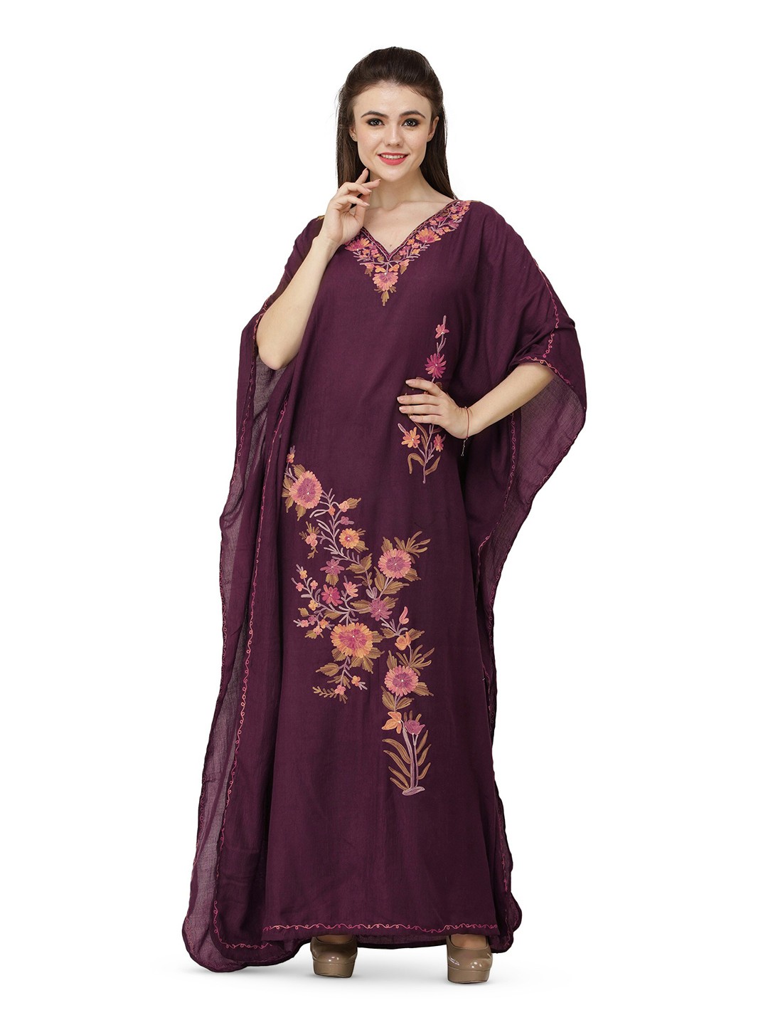 

Exotic India Purple Crushed Kashmiri Kaftan with Aari Embroidered Multicolored Flowers