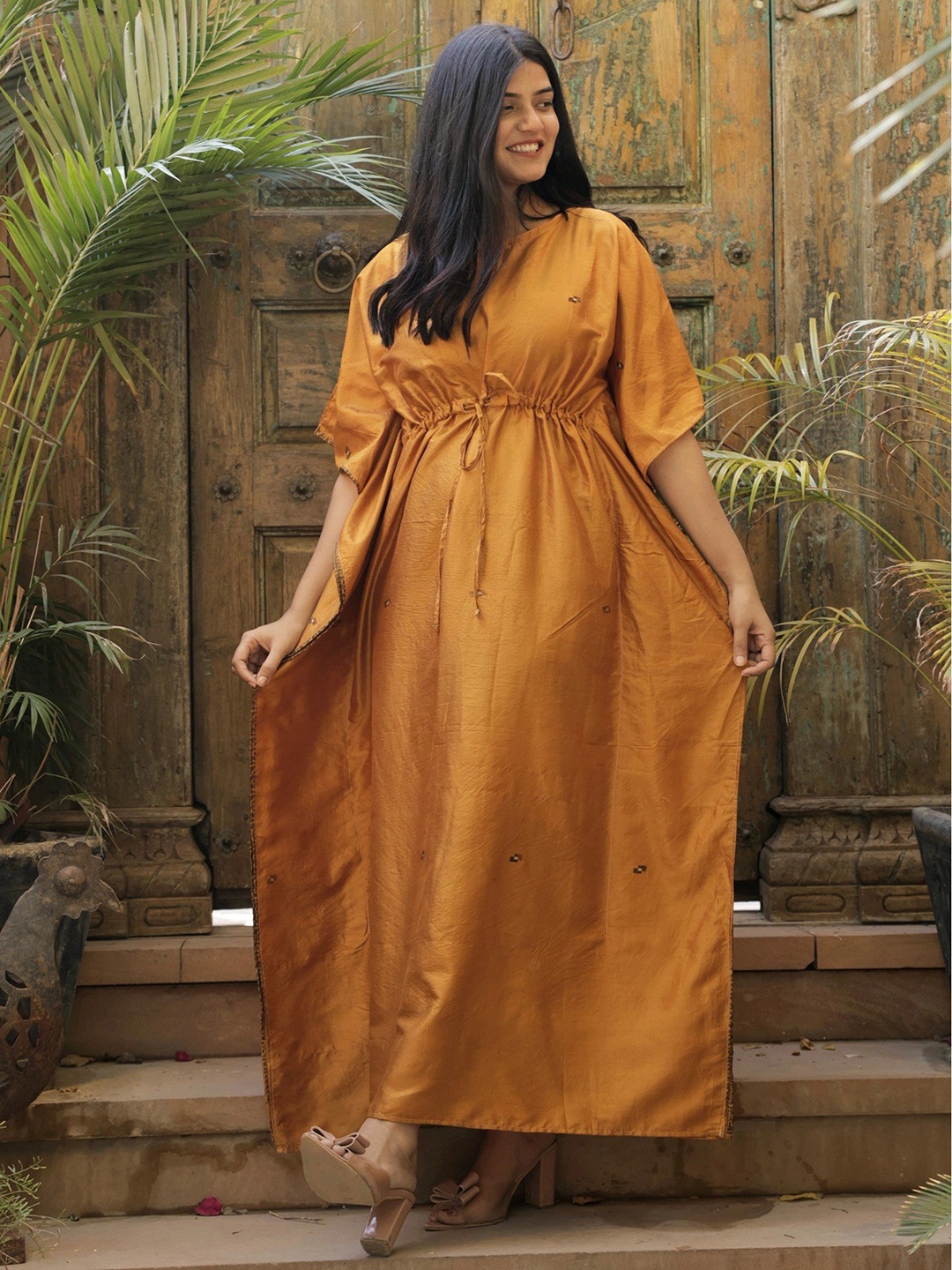 

Exotic India Vintage Pure Silk Kaftan Maxi Dress with Dori, Gold