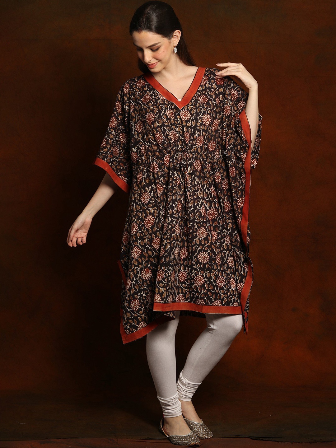

Exotic India Pure Cotton Floral Printed Short Kaftan, Blue