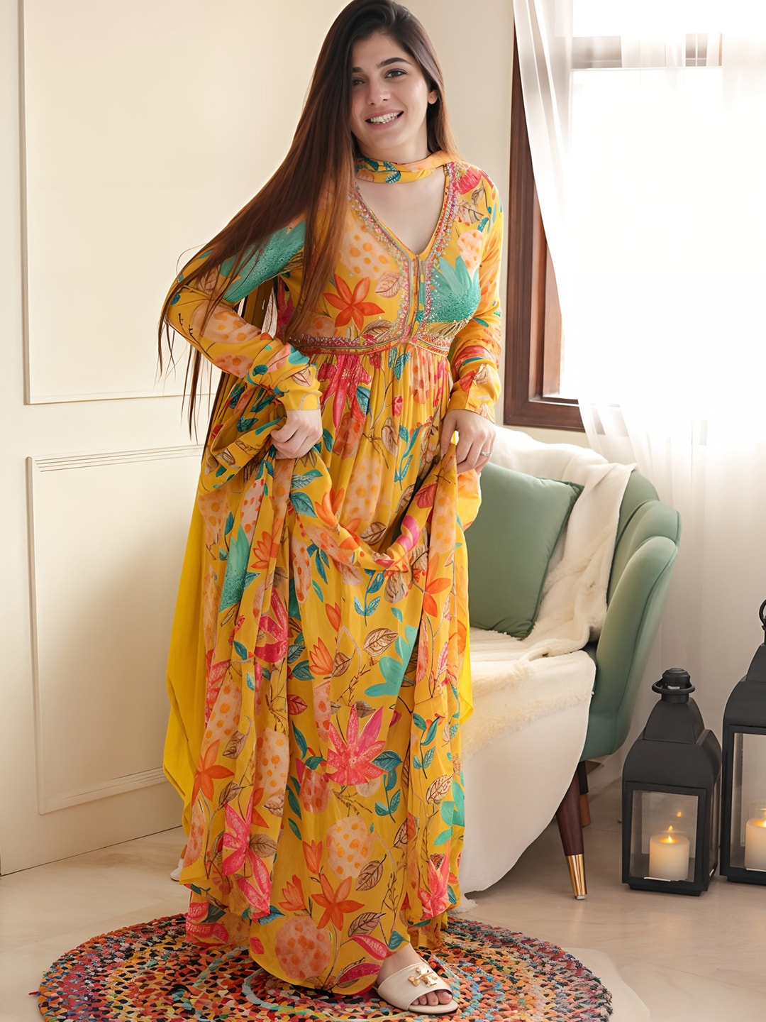

KALINI Floral Printed Embellished Ethnic Maxi Dress With Dupatta, Mustard