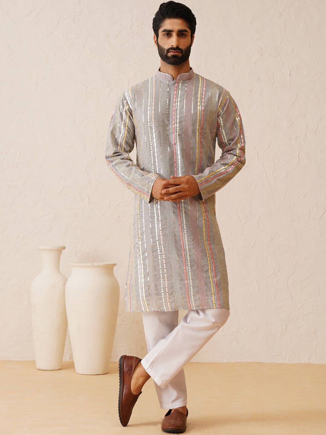 

SOJANYA LUXE Embroidered Sequinned Mandarin Collar Long Sleeves Cotton Straight Kurta, Grey