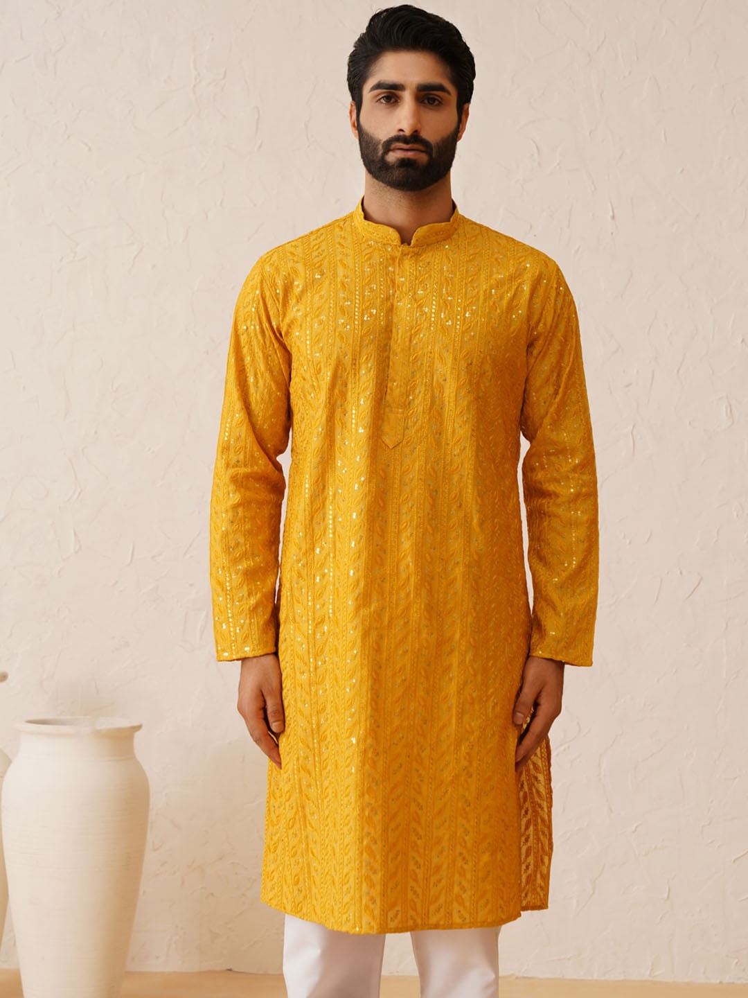 

SOJANYA LUXE Ethnic Motifs Embroidered Mandarin Collar Sequined Straight Kurta, Mustard