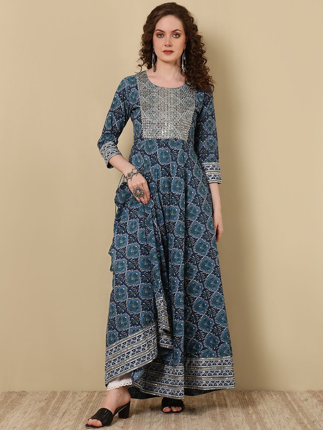 

GLAM ROOTS Ethnic Motifs Round Neck Three-Quarter Sleeves Anarkali Cotton Kurta, Blue