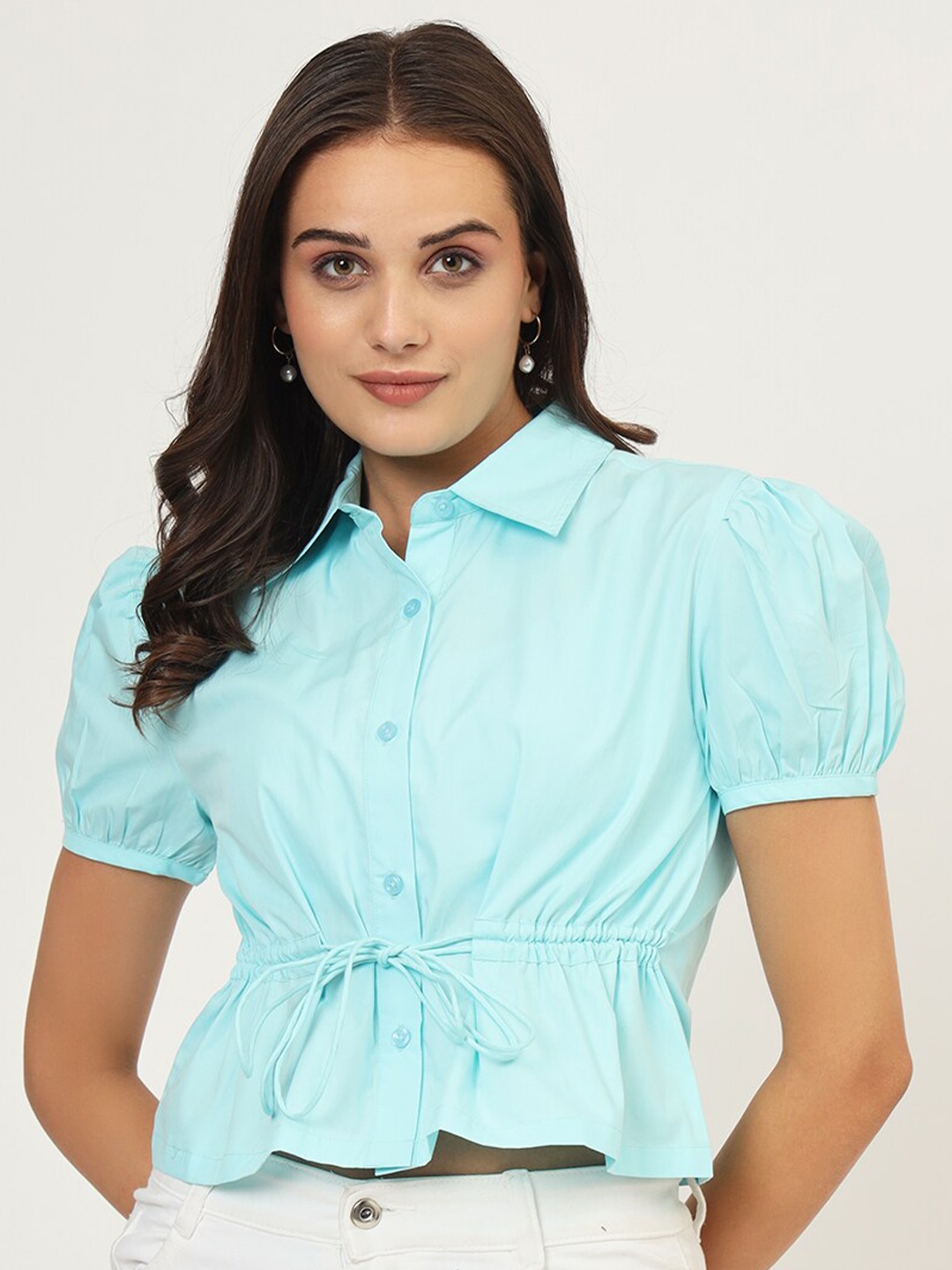 

CHARMGAL Puff Sleeve Cotton Shirt Style Top, Blue