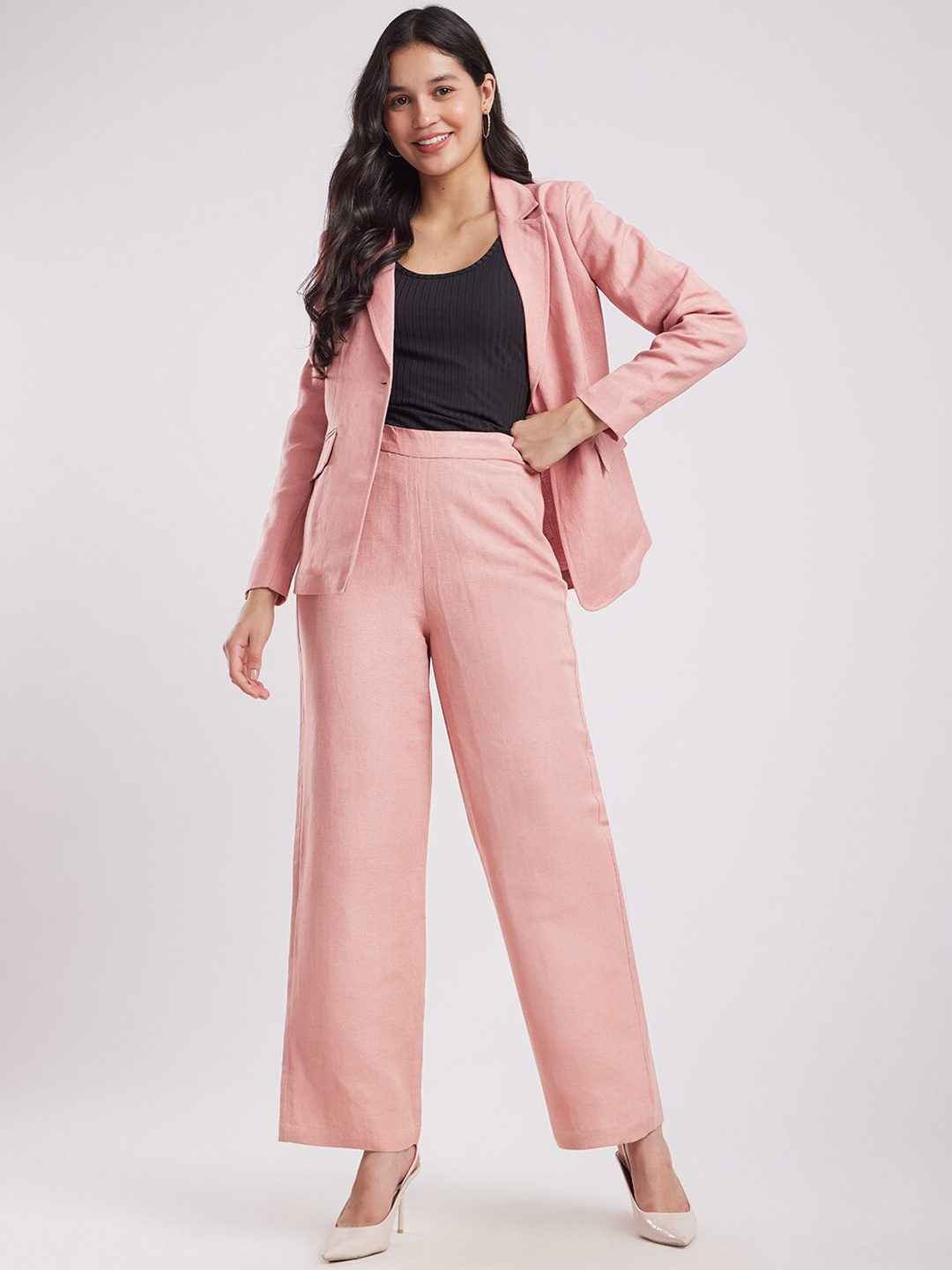 

FableStreet Linen Shawl Neck Blazer With Trousers Co-Ords, Pink