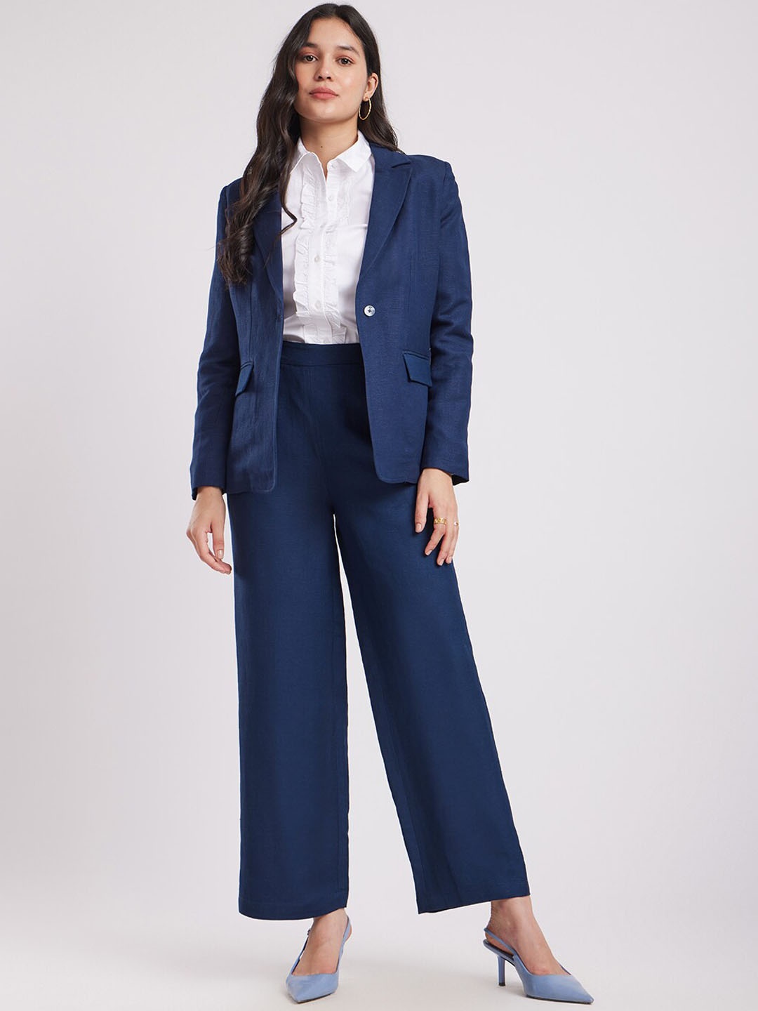 

FableStreet Linen Shawl Collar Blazer With Trousers Co-Ords, Navy blue