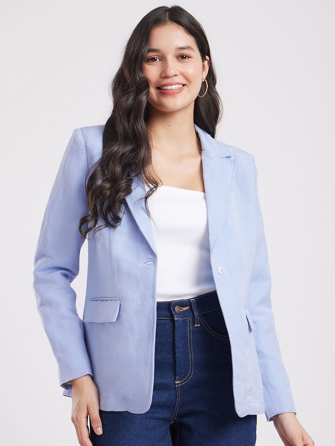 

FableStreet Tailored fit Notched Lapel Linen Single Breasted Blazer, Blue