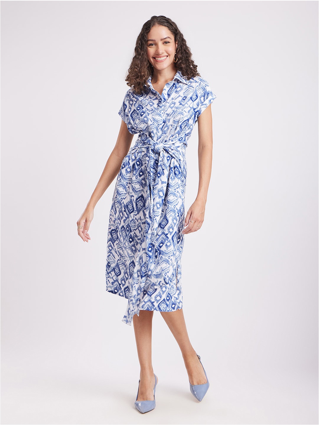 

FableStreet Floral Printed Shirt Midi Dress, Blue