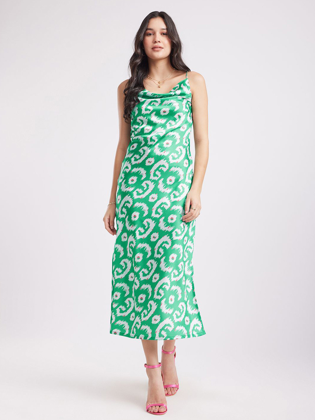 

FableStreet Floral Printed Cowl Neck Maxi Dress, Green