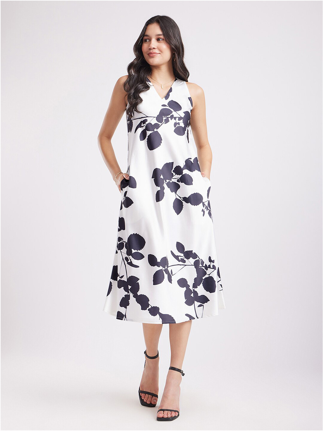 

FableStreet Floral Printed Satin A-Line Midi Dress, White