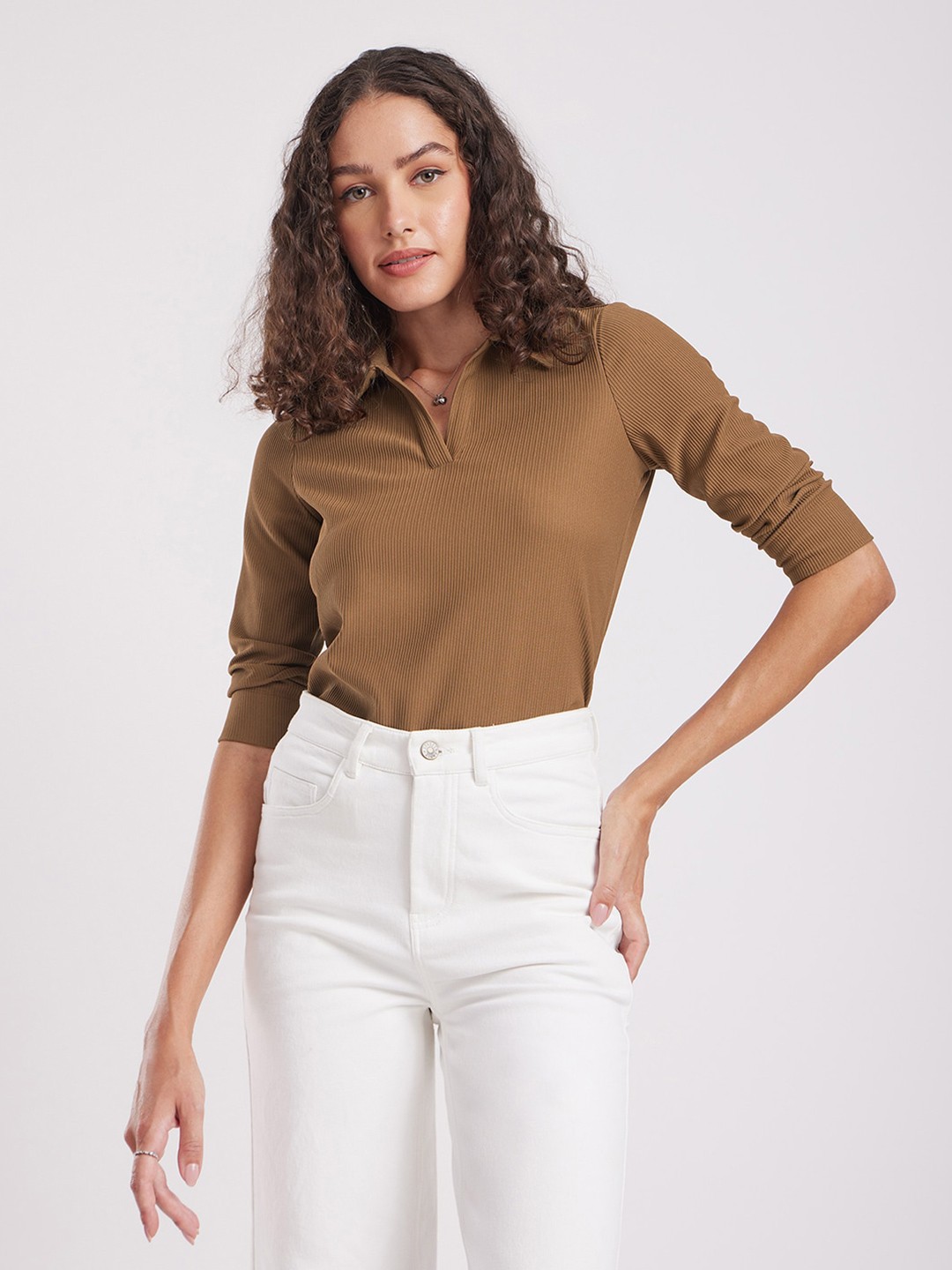 

FableStreet Vertical Stripes Shirt Collar Top, Brown