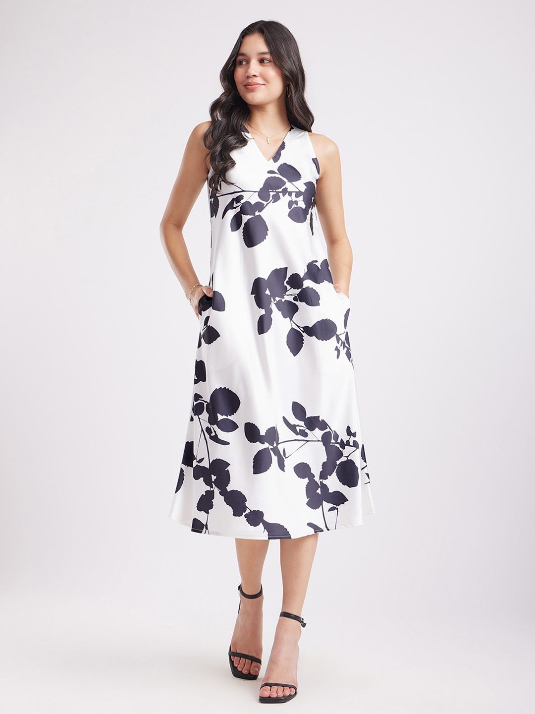 

FableStreet Floral Printed Satin A-Line Midi Dress, White