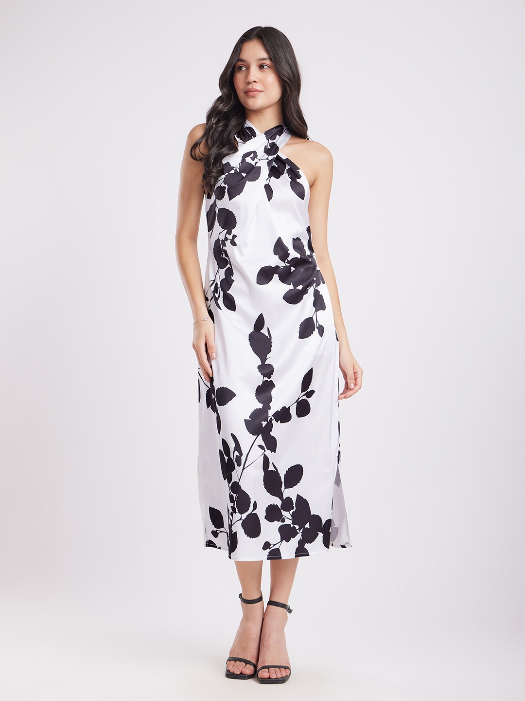 

FableStreet Floral Printed Satin A-Line Midi Dress, White