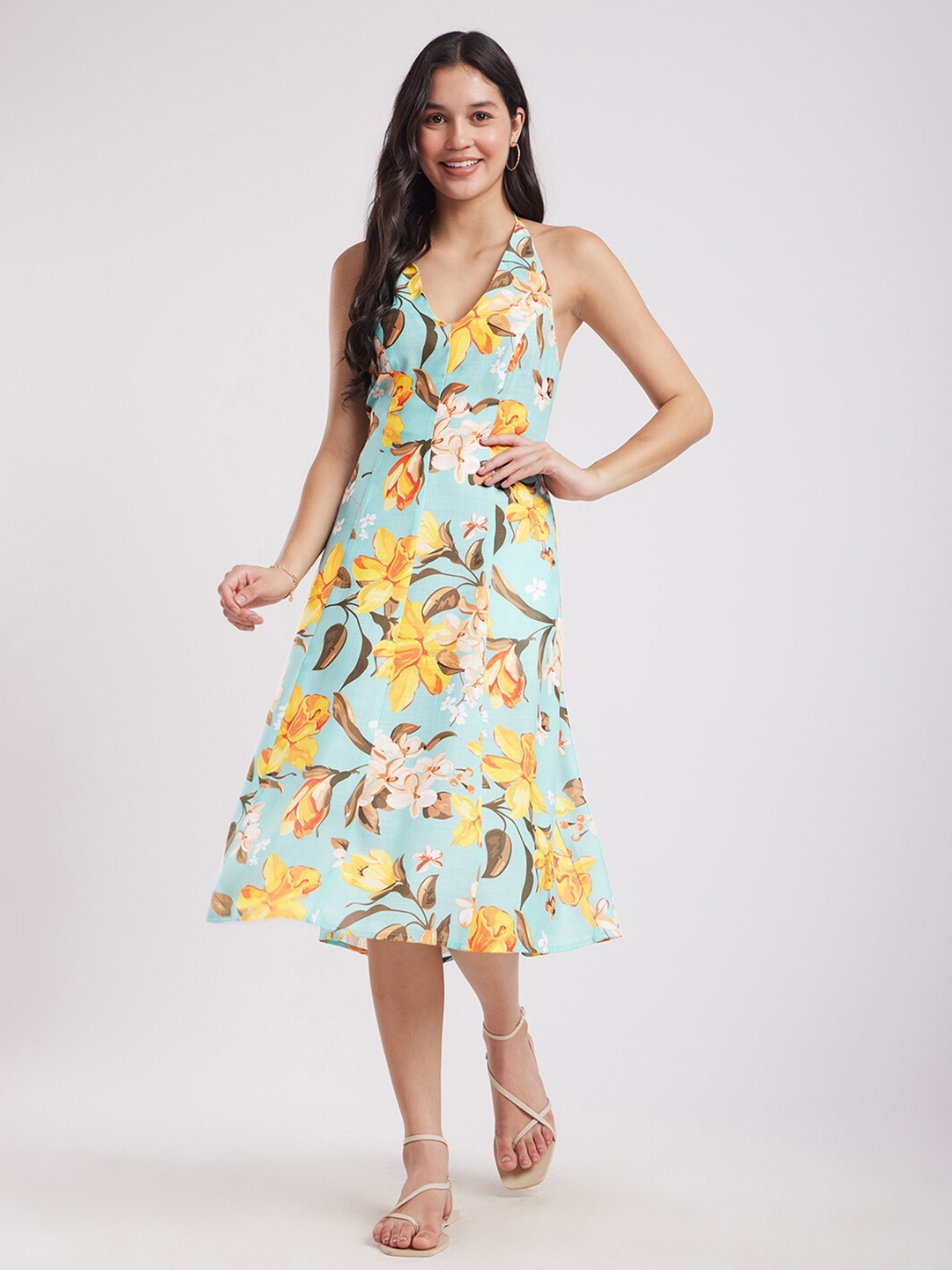 

FableStreet Floral Printed V-Neck Midi Dress, Blue
