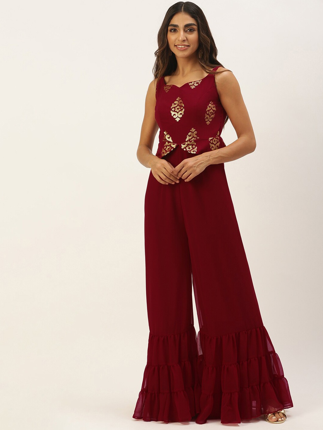 

Ethnovog Sequins Embellished Sweetheart Neck Georgette Basic Jumpsuit, Maroon