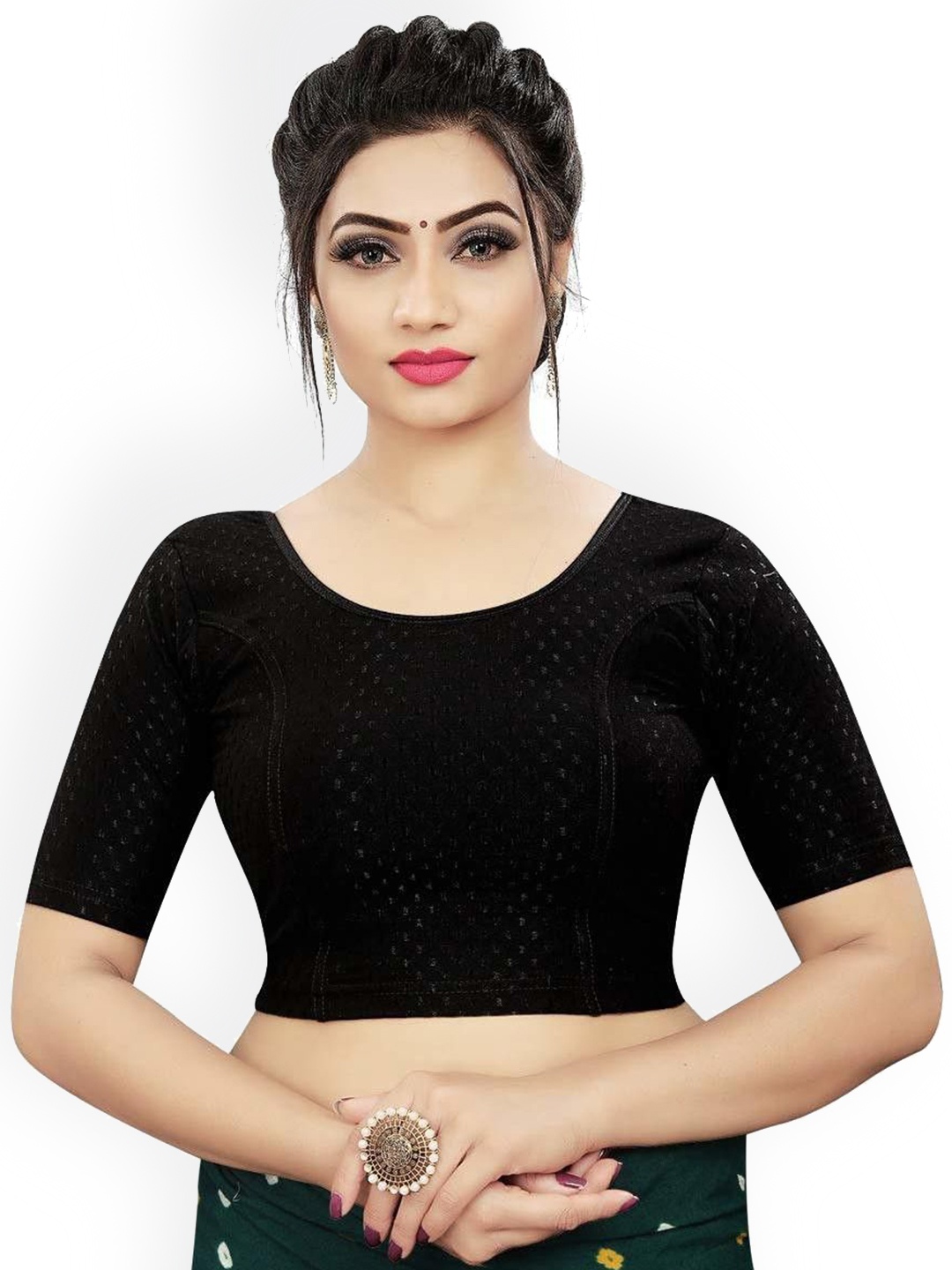 

RUNAYA NX Woven Design Round Neck Saree Blouse, Black