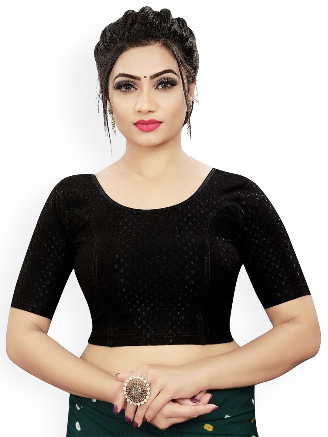 

RUNAYA NX Woven Design Round Neck Saree Blouse, Black
