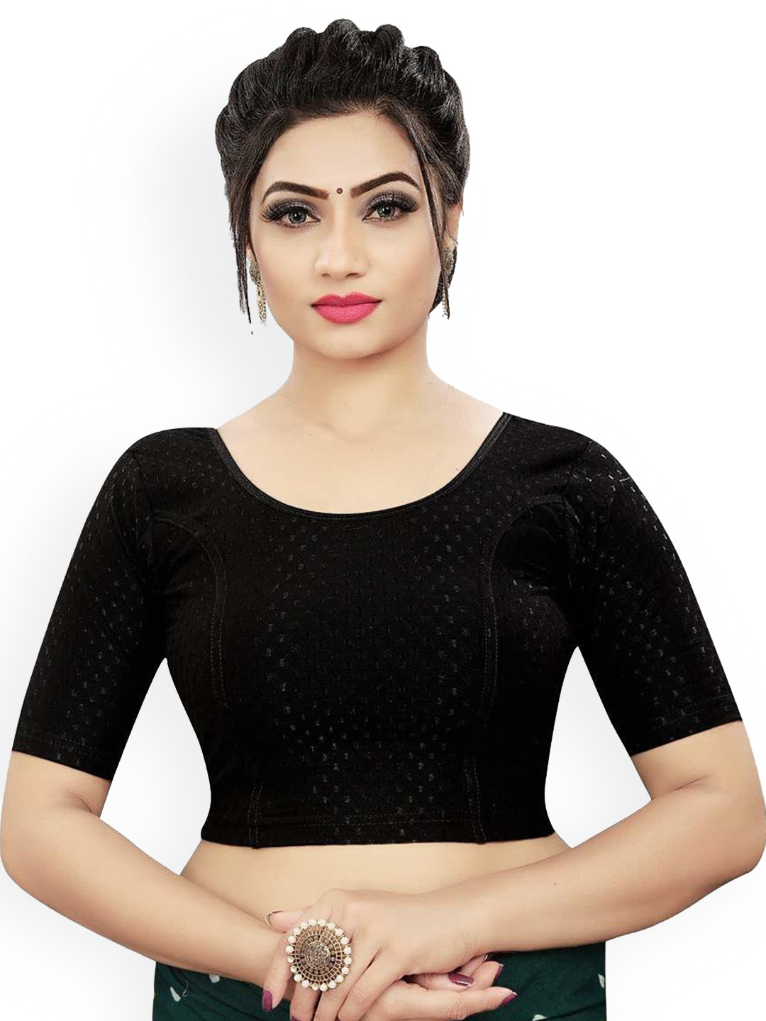 

RUNAYA NX Woven Design Round Neck Saree Blouse, Black