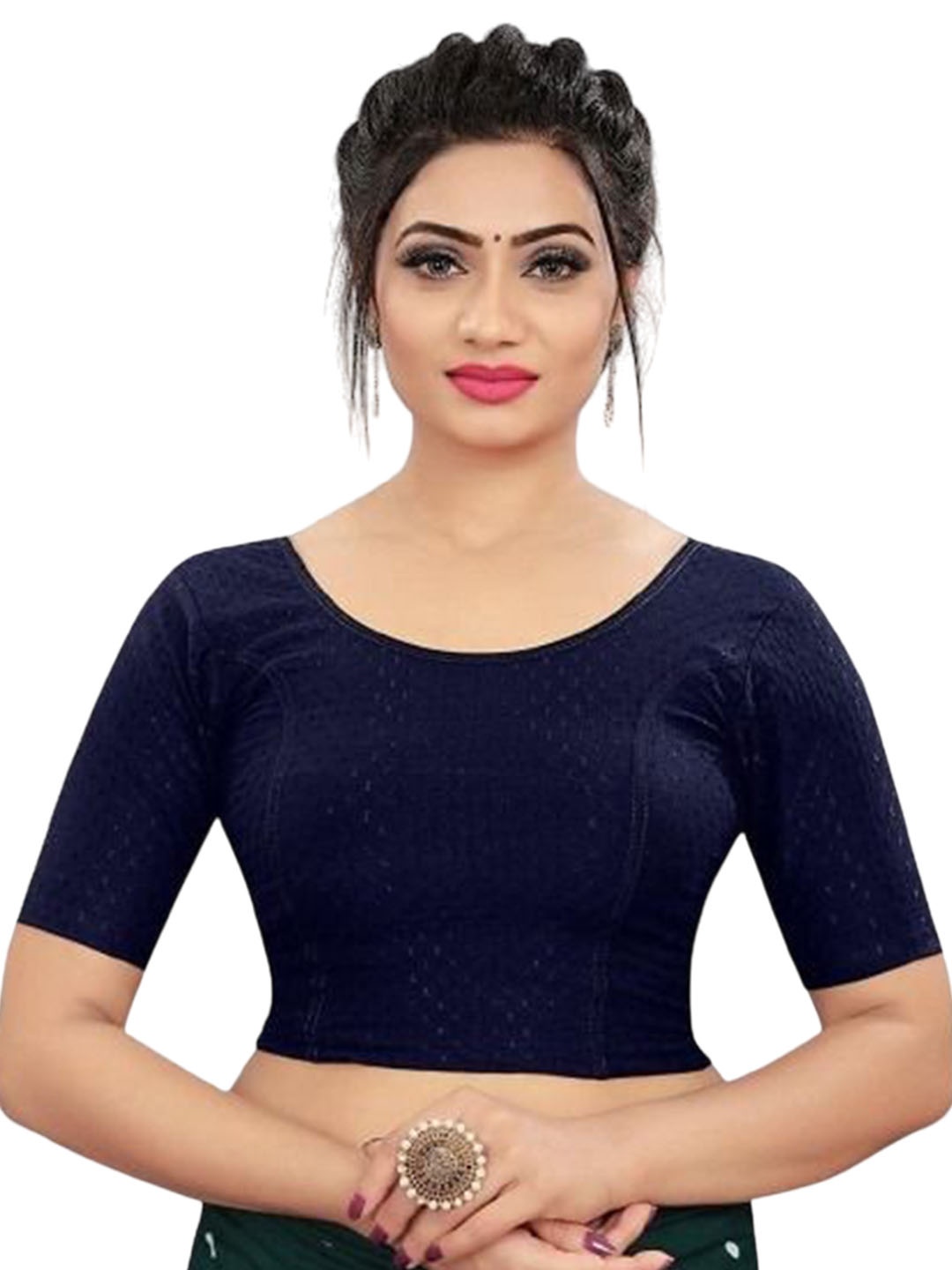 

RUNAYA NX Woven Design Round Neck Saree Blouse, Navy blue