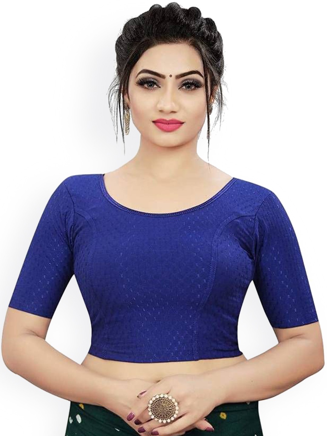 

RUNAYA NX Woven Design Round Neck Saree Blouse, Blue