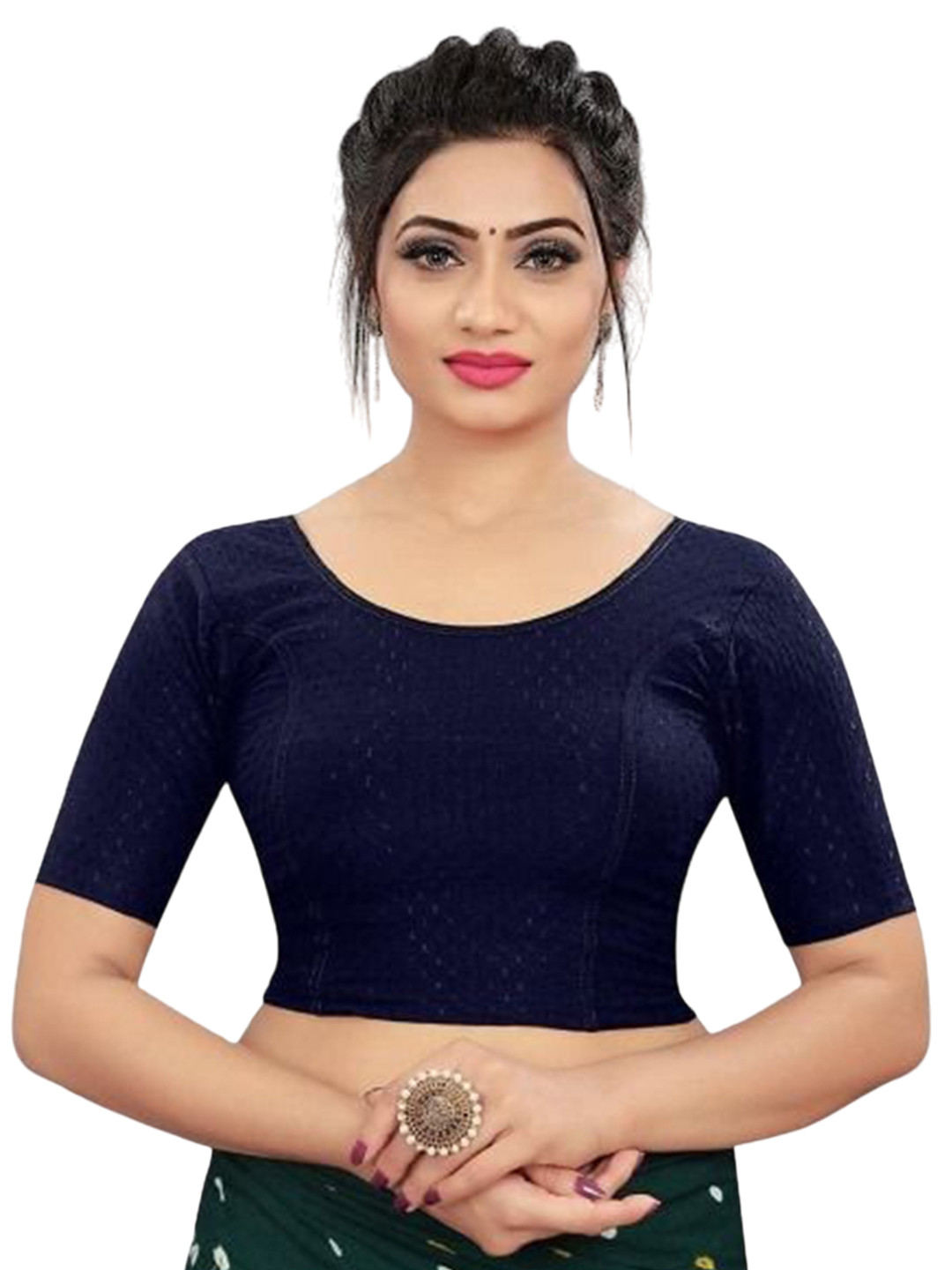 

RUNAYA NX Woven Design Round Neck Saree Blouse, Navy blue