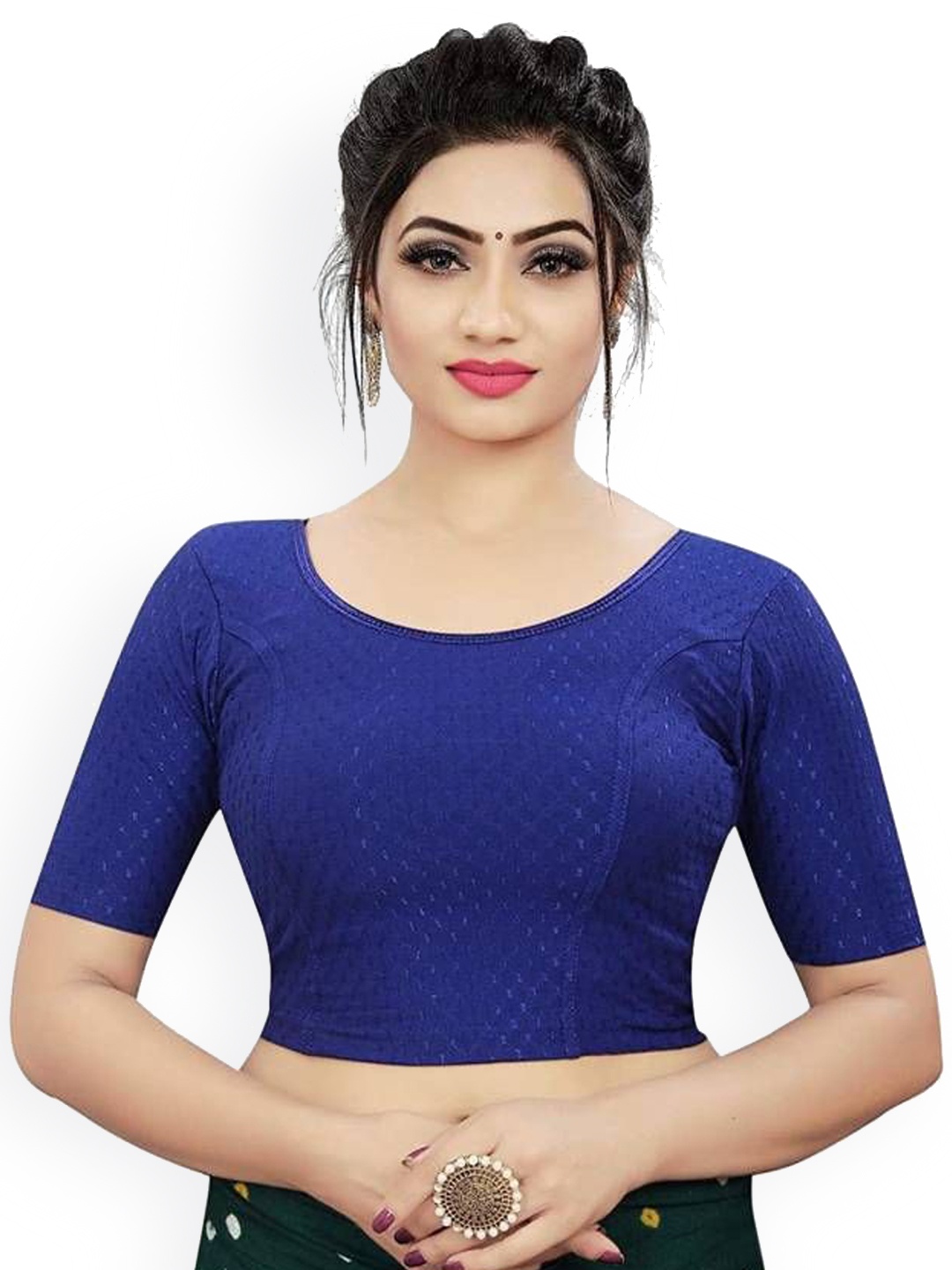 

RUNAYA NX Woven Design Round Neck Saree Blouse, Blue