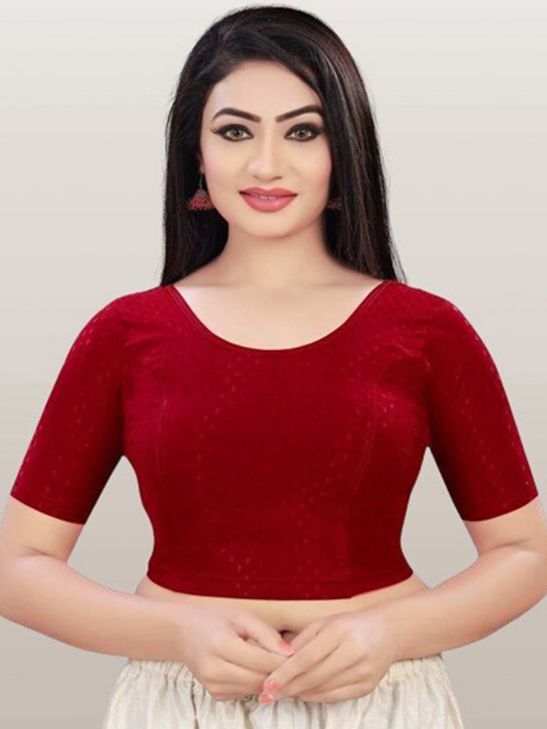 

RUNAYA NX Woven Design Round Neck Saree Blouse, Maroon