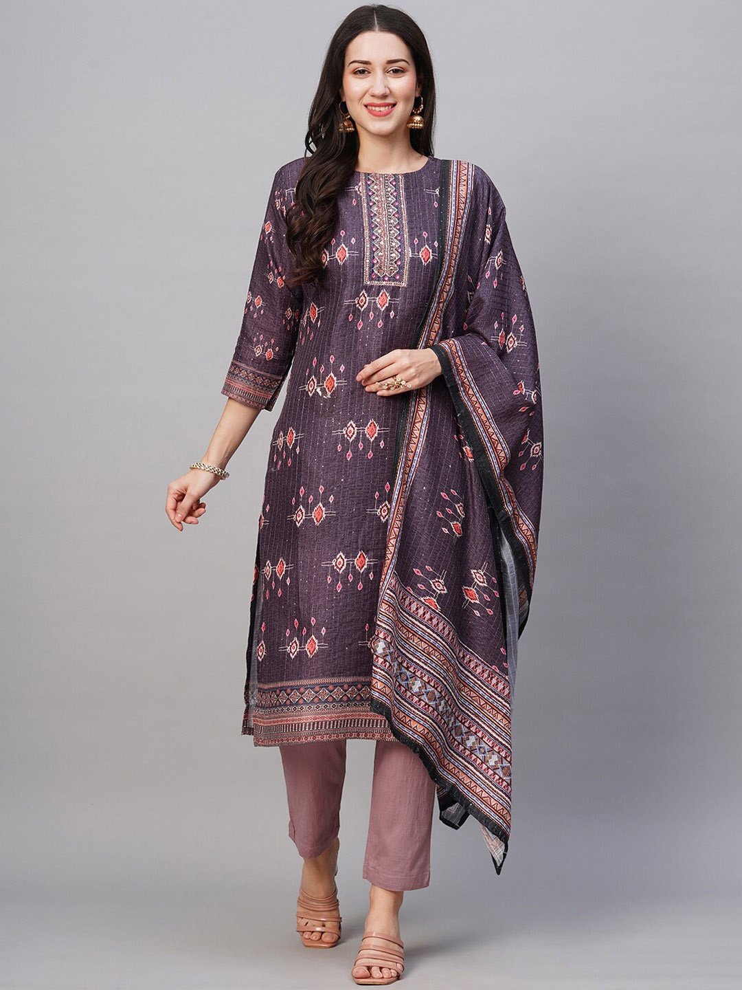 

Kiana Ethnic Motifs Embroidered Straight Thread Work Kurta With Trousers & Dupatta, Violet