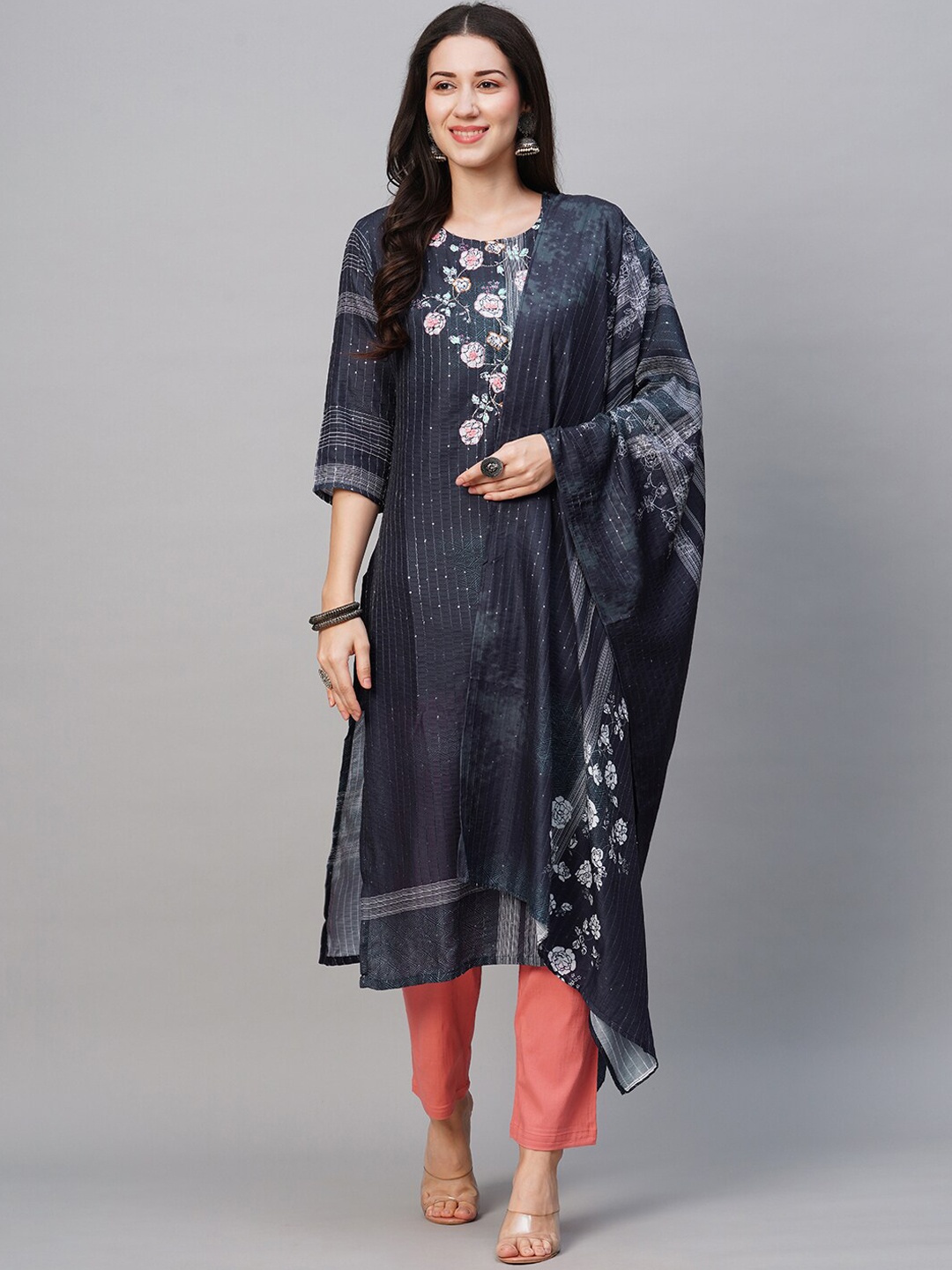 

Kiana Floral Printed Regular Mirror Work Kurta with Trousers & With Dupatta, Charcoal