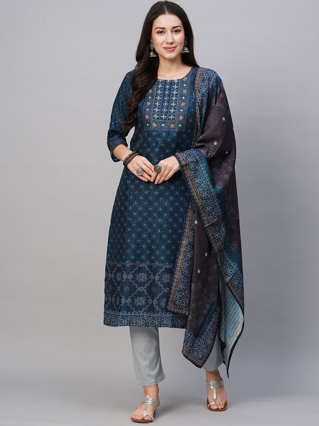 

Kiana Floral Printed Regular Mirror Work Kurta with Trousers & Dupatta, Blue