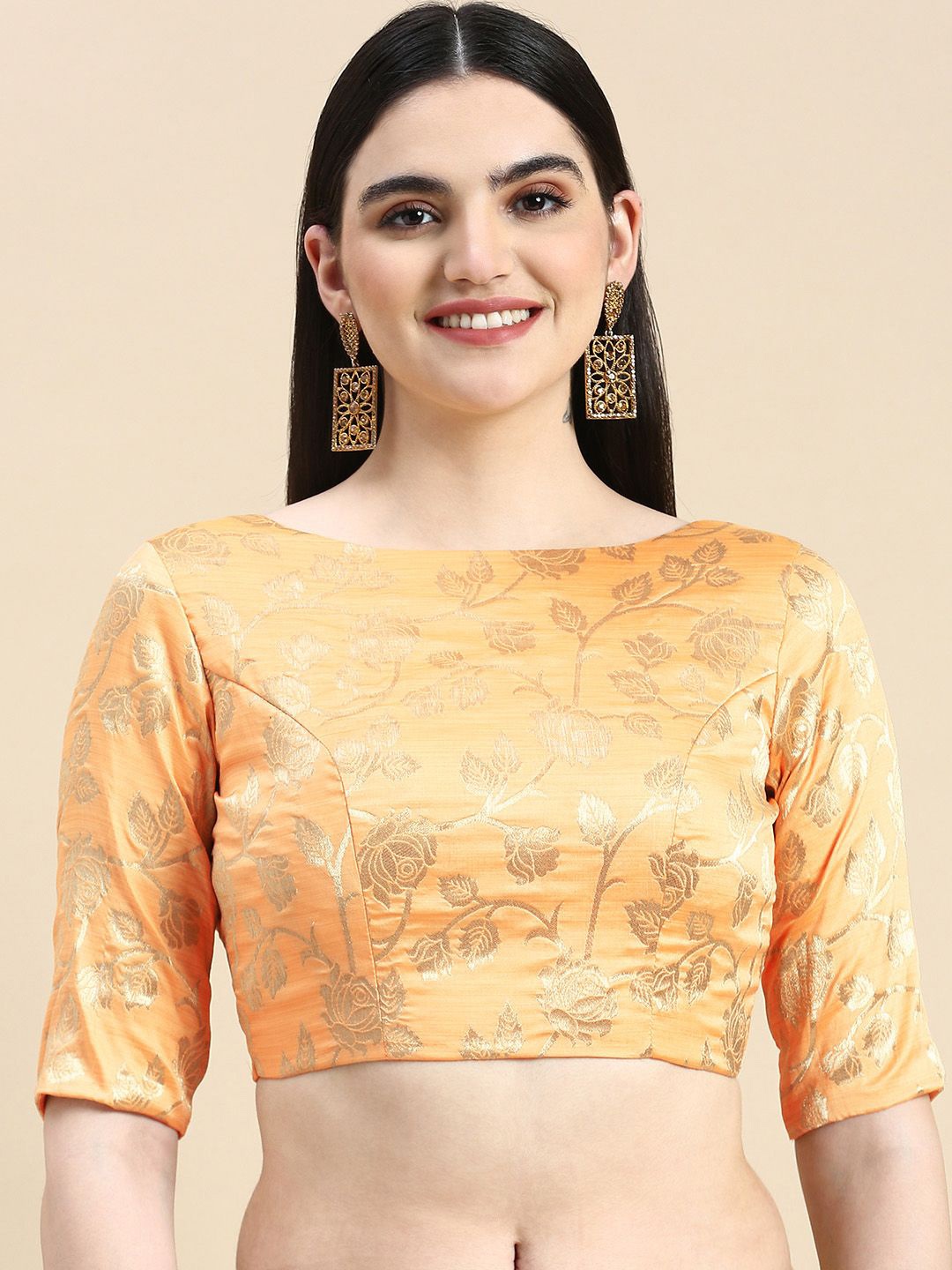 

Ethnovog Woven-Design Boat Neck Saree Blouse, Peach