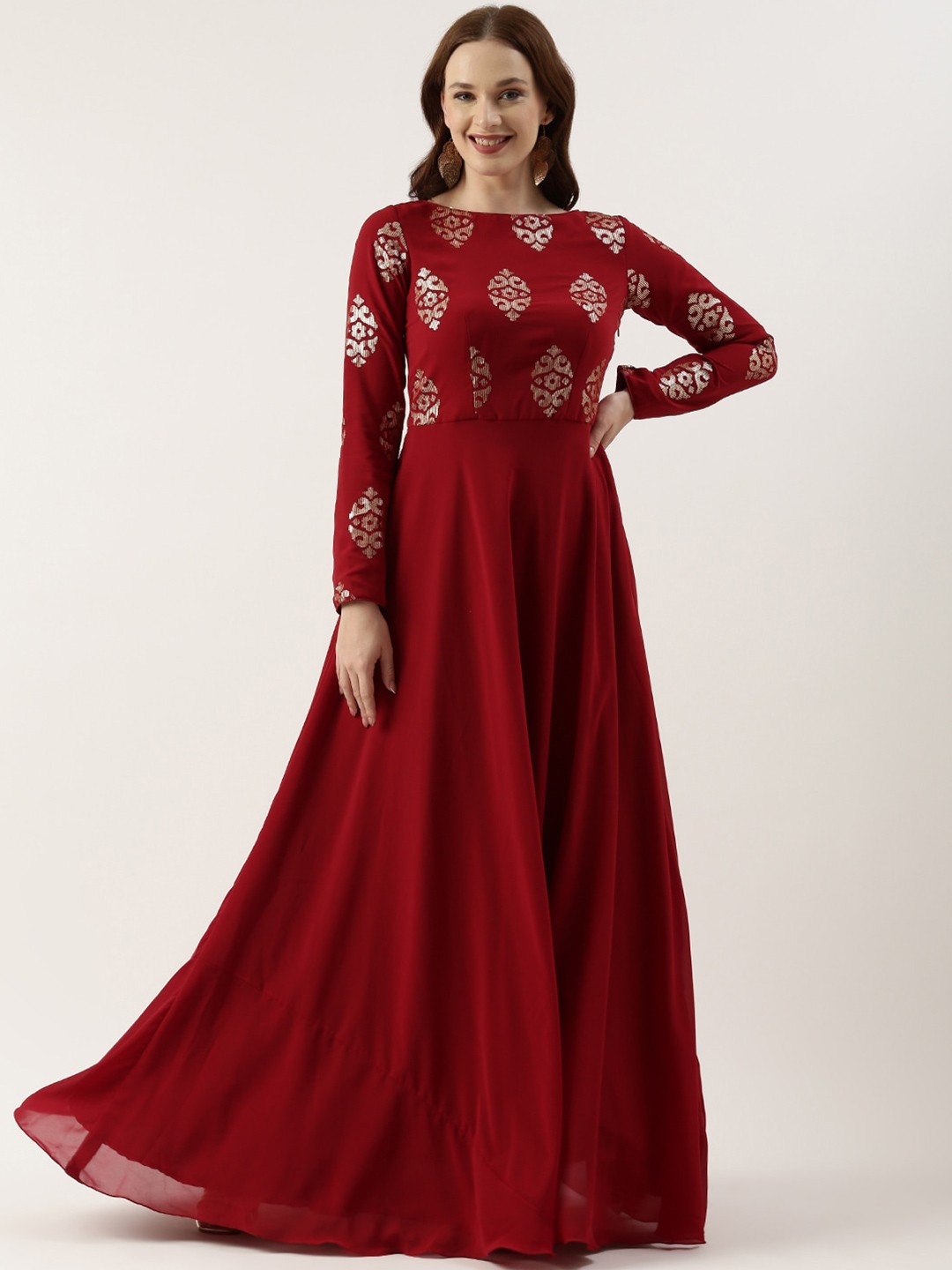 

Ethnovog Floral Embellished Georgette Maxi Dress, Maroon