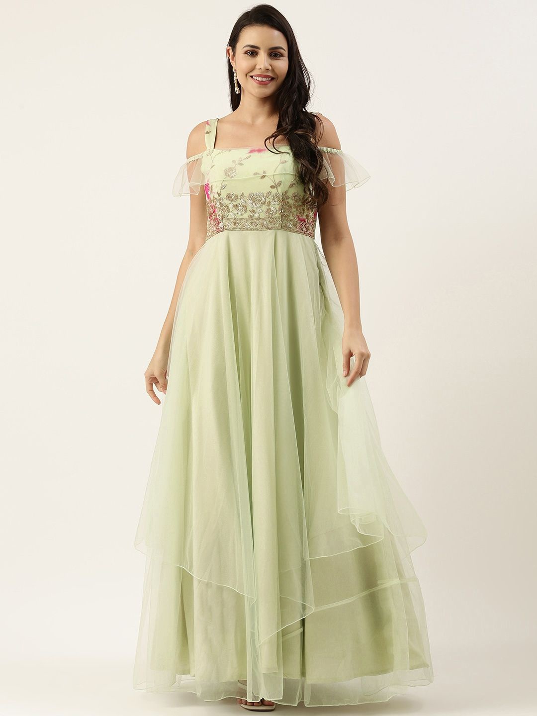 

Ethnovog Floral Embellished Net Maxi Dress, Green