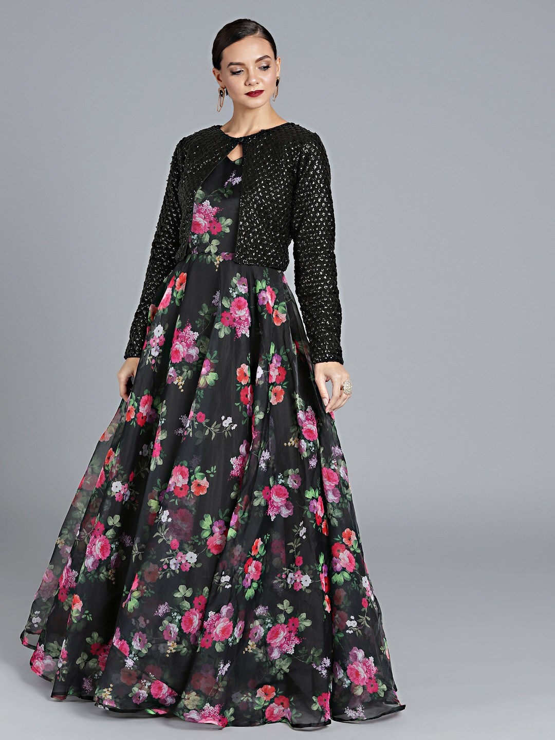 

Ethnovog Floral Printed Keyhole Neck Maxi Dress with Jacket, Black