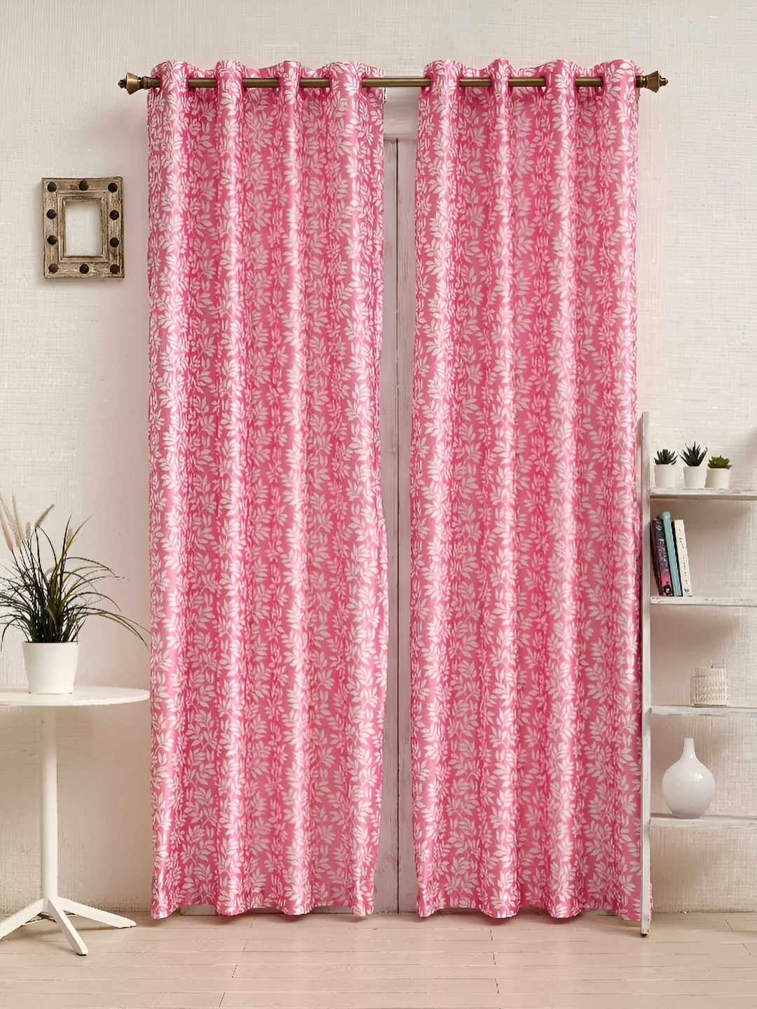 

Ariana Pink & White 2 Pieces Floral Printed Room Darkening Door Curtain