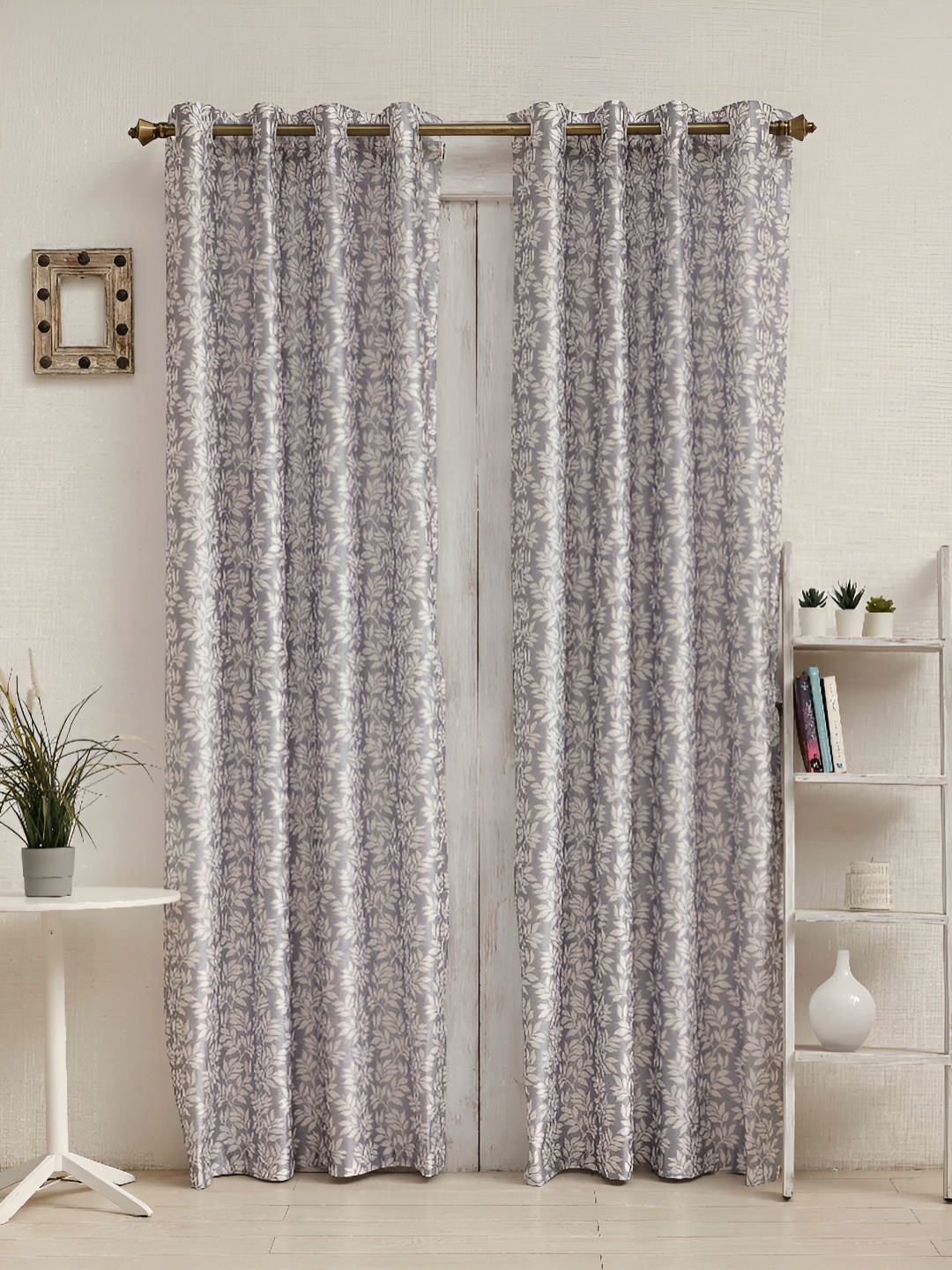 Ariana Grey & White 2 Pieces Floral Printed Room Darkening Long Door Curtains